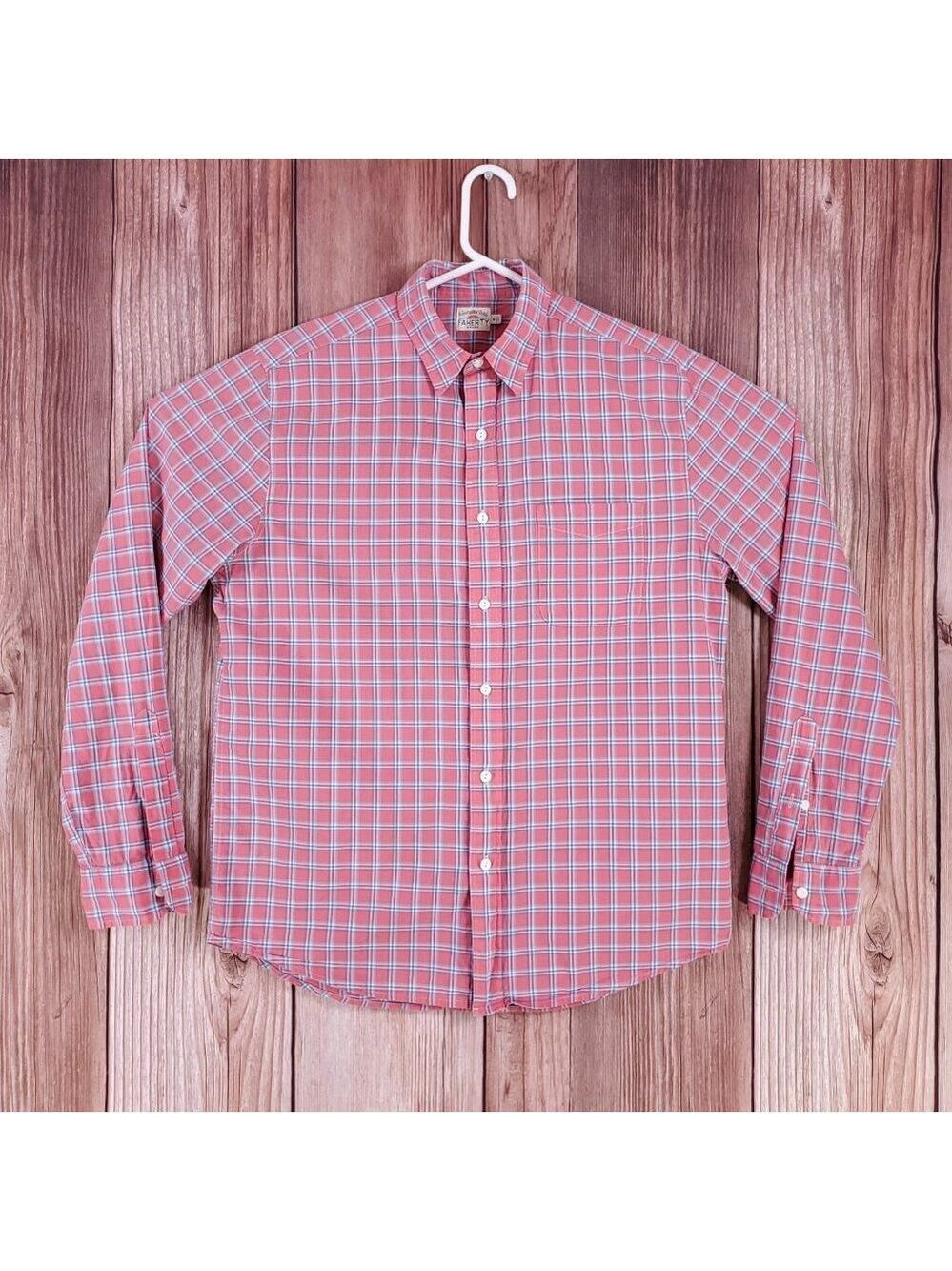 Faherty Mens Medium Pink Blue White Plaid Long Sleeve Button Up Shirt Cotton